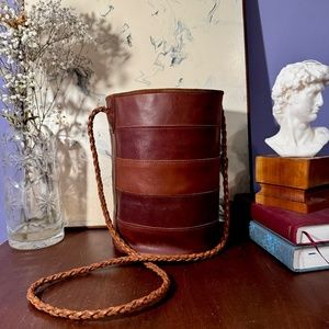 Vintage Boho Brown Bucket Bag with Woven Strap